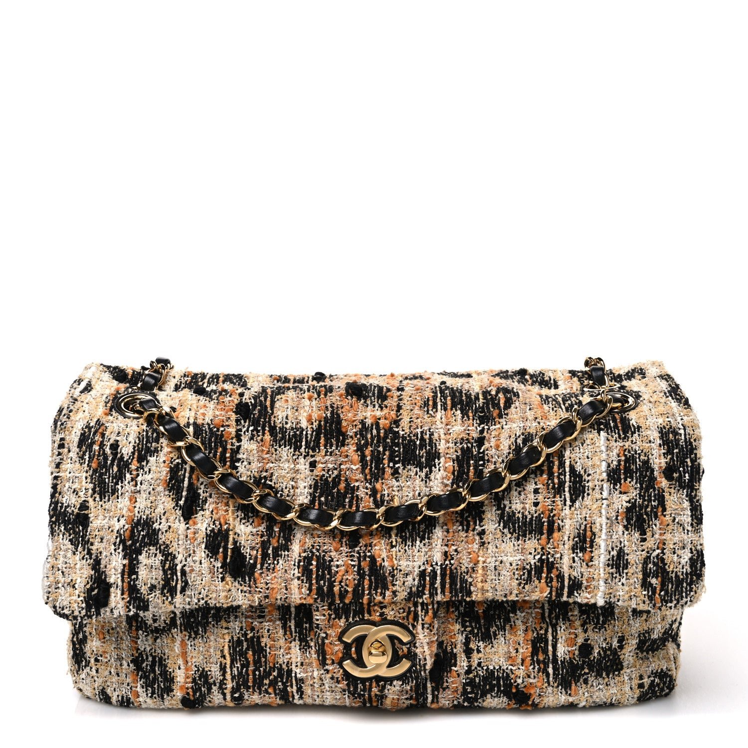 Tweed Mixed Fibers Leopard Print Small Souplissimo Maxi Flap Brown Black White