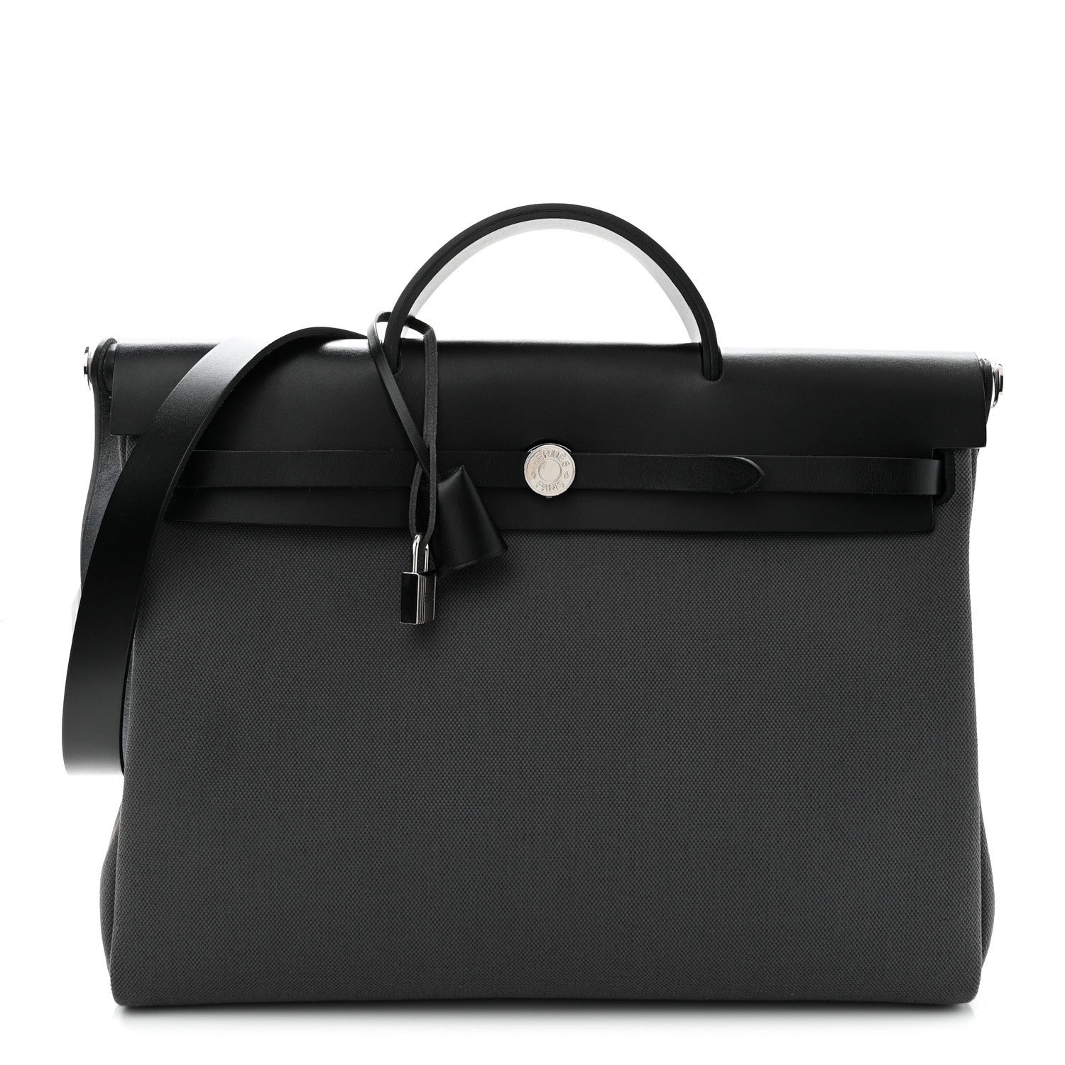 Hermes Military Toile Vache Hunter Herbag Messenger 39 Gris Fumee Black