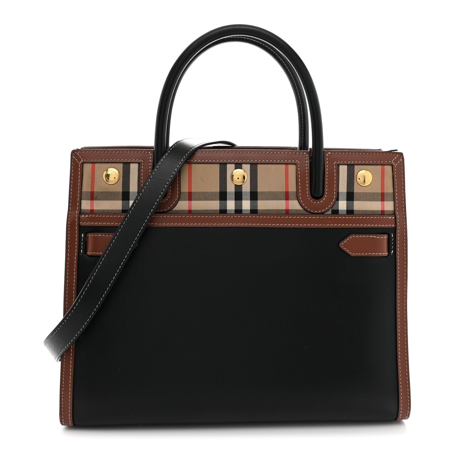 Burberry Calfskin Vintage Check Small Two Handle Title Bag  Black
