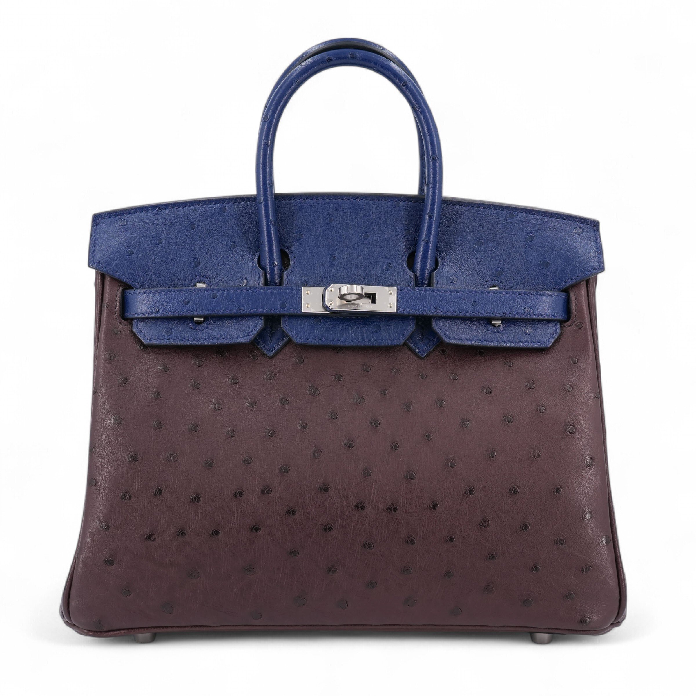 Unused ( Rank NS ) HERMÈS Birkin 25 Rouge Sellier (0G) Bleu Iris (77) Ostrich Palladium hardware B (2023)