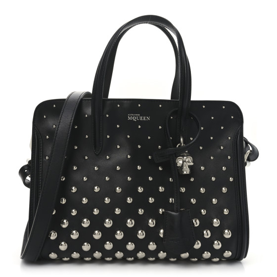 Alexander McQueen Calfskin Small Studded Padlock Zip Around Tote Black White