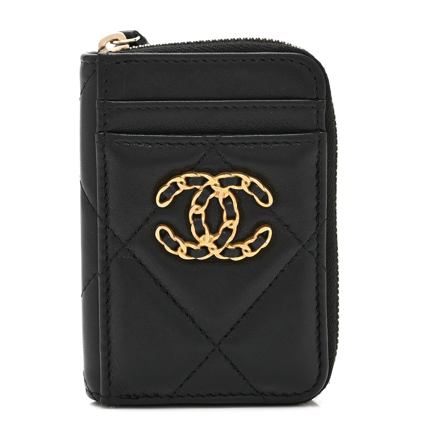 Chanel Lambskin Quilted Chanel 19 Vertical Zip Card Holder Wallet Black