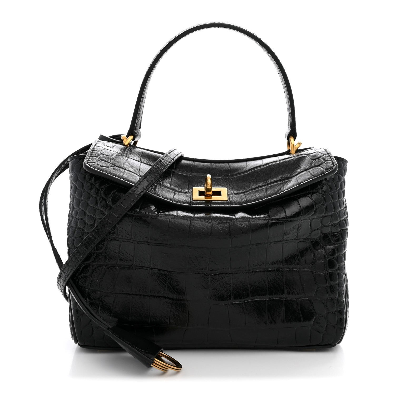 Balenciaga Shiny Calfskin Crocodile Embossed Mini Rodeo Top Handle Handbag Black