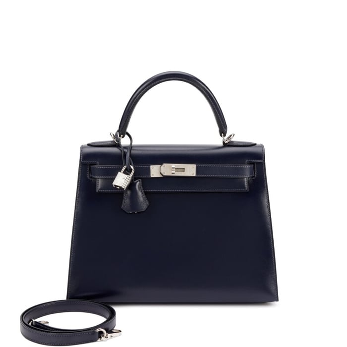 Hermes Bleu Indigo Box Calf Sellier Kelly 28 Guilloche Palladium Hardware, 2003