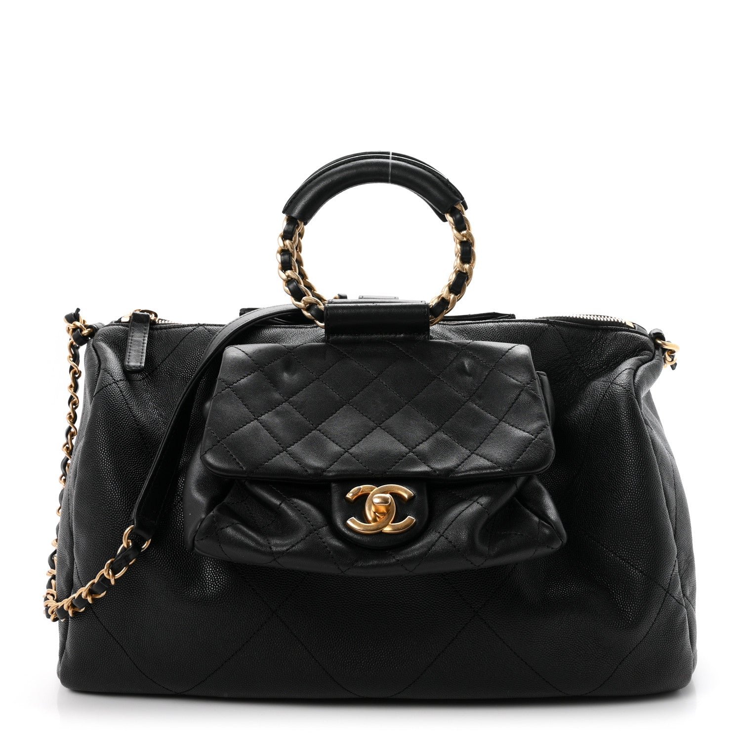 Chanel Grained Calfskin Lambskin Quilted Large Bowling Bag Black