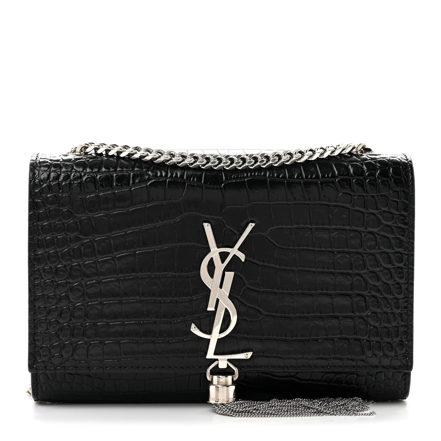 Saint Laurent Calfskin Crocodile Embossed Small Classic Monogram Kate Tassel Satchel Black