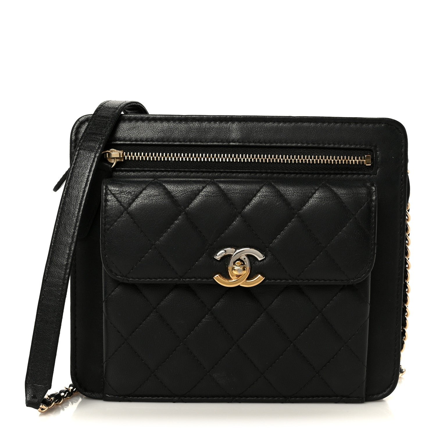 Chanel Lambskin Quilted Square Front Pocket Clutch With Chain Black