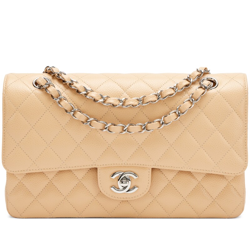 Beige Clair Quilted Caviar Medium Classic Double Flap Bag Silver Hardware, 2024