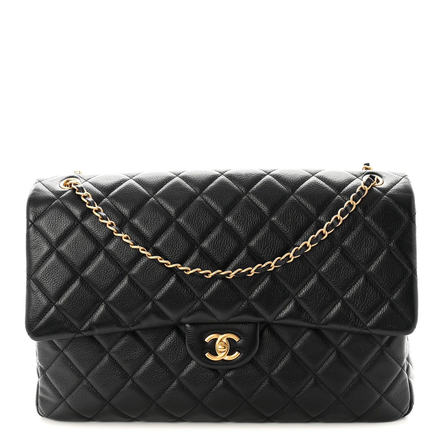 Calfskin Quilted XXL Travel Flap Bag Black