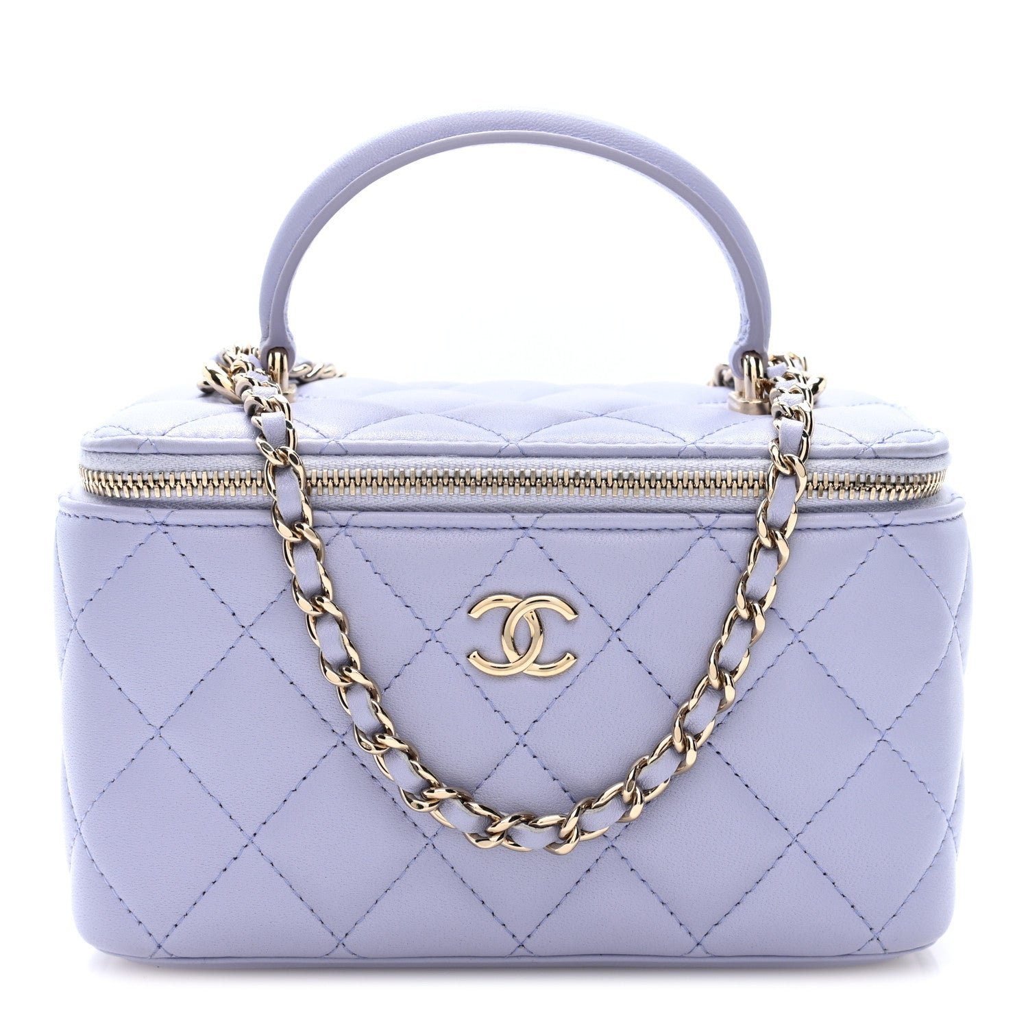 Chanel Lambskin Quilted Small Top Handle Vanity Case With Chain Light Purple