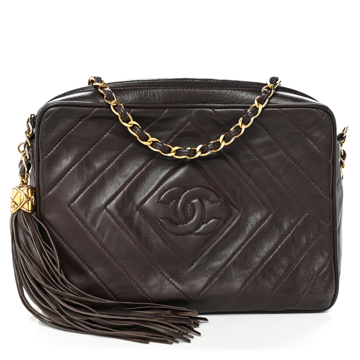 Chanel Lambskin Chevron Quilted Tassel Camera Case Brown