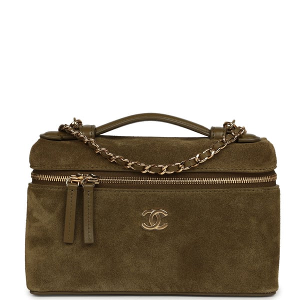 Chanel Top Handle Long Vanity Case with Chain Dark Khaki Suede Gold Hardware