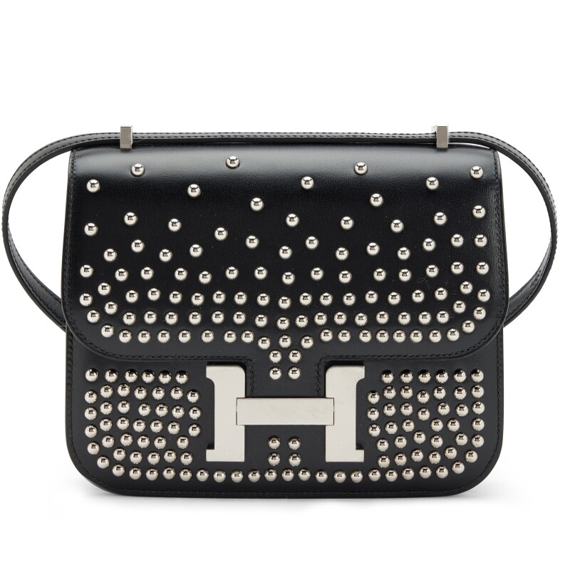 Hermes Limited Edition Black Box Calf Studded Mini Constance 18 III Sac Miroir Clouté Palladium Hardware, 2024