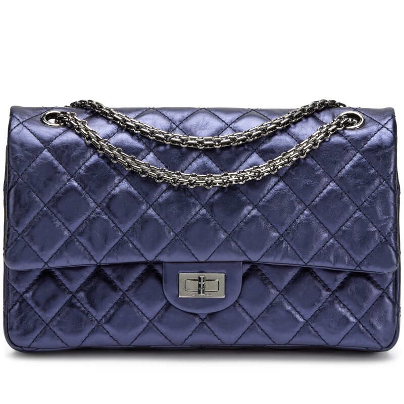 Navy Blue Metallic Quilted Aged Calfskin 2.55 Reissue 226 Double Flap Bag Silver Hardware, 2008-2009