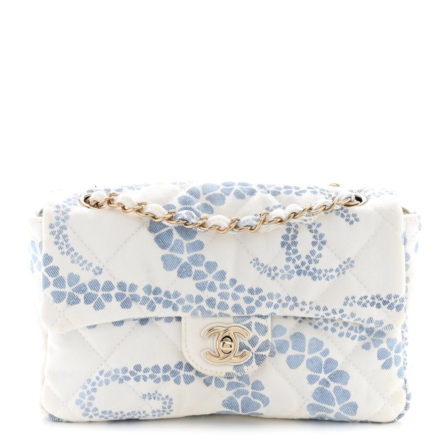 Chanel Printed Denim Coco Beach Quilted Small Single Flap Light Blue White