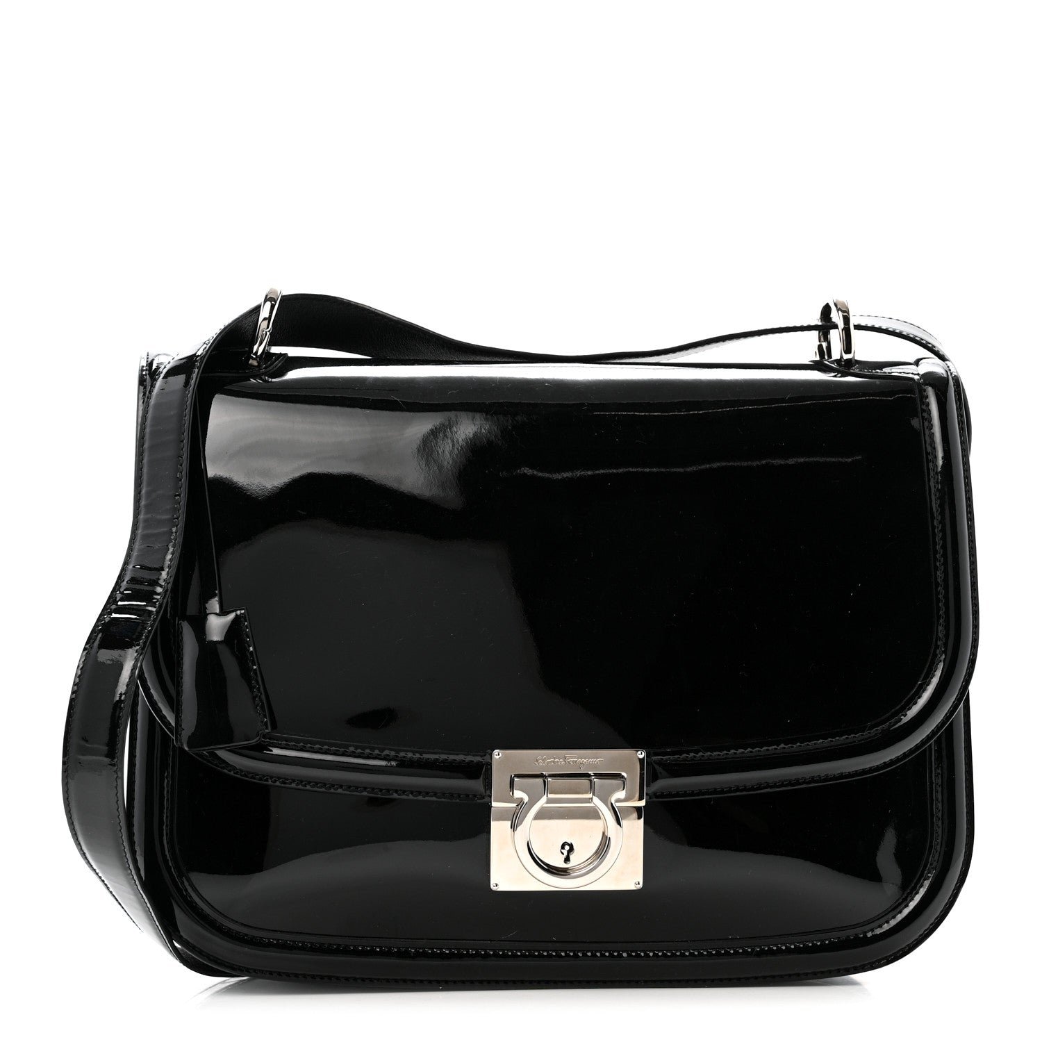 Salvatore Ferragamo Patent Jody Shoulder Bag Black