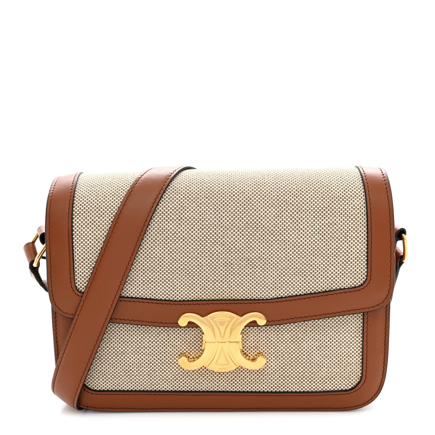 Celine Textile Natural Calfskin Medium Triomphe Bag White Tan