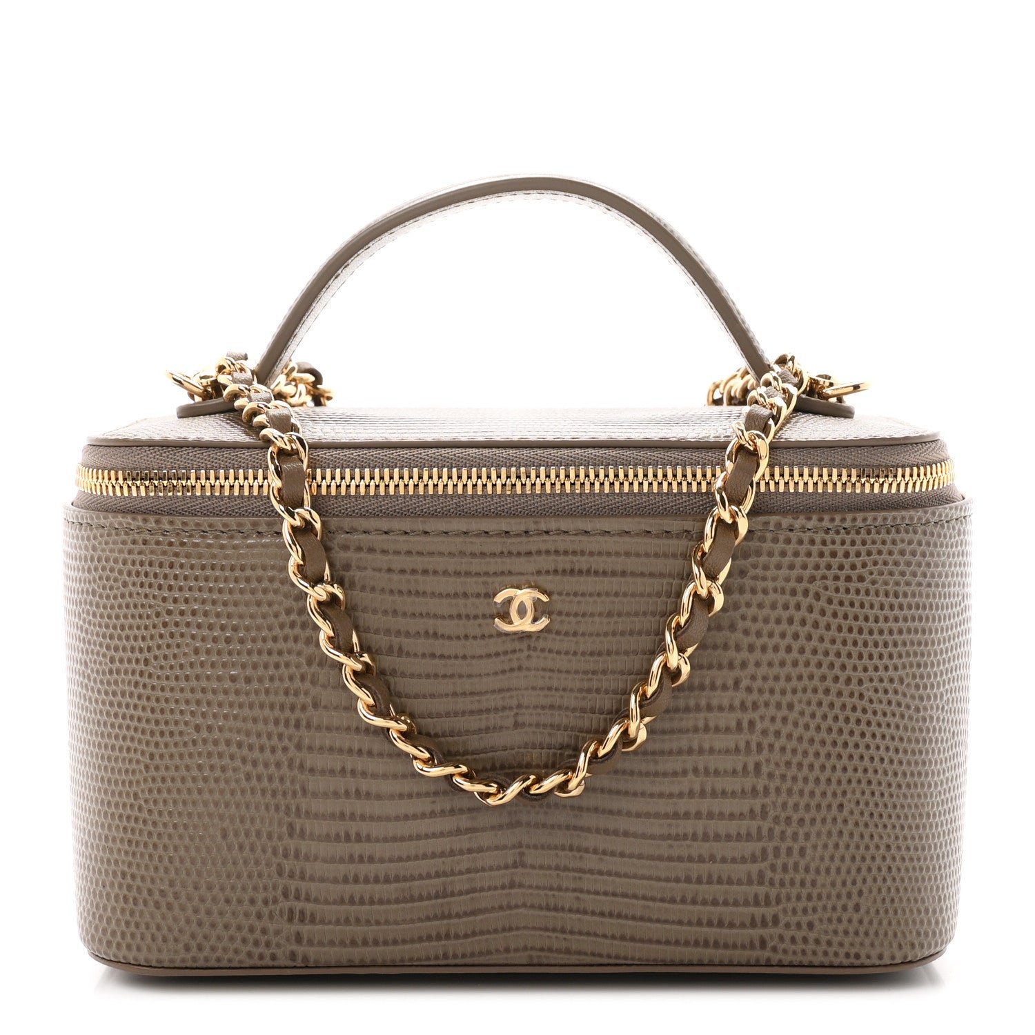 Chanel Calfskin Lizard Embossed Top Handle Vanity With Chain Dark Khaki