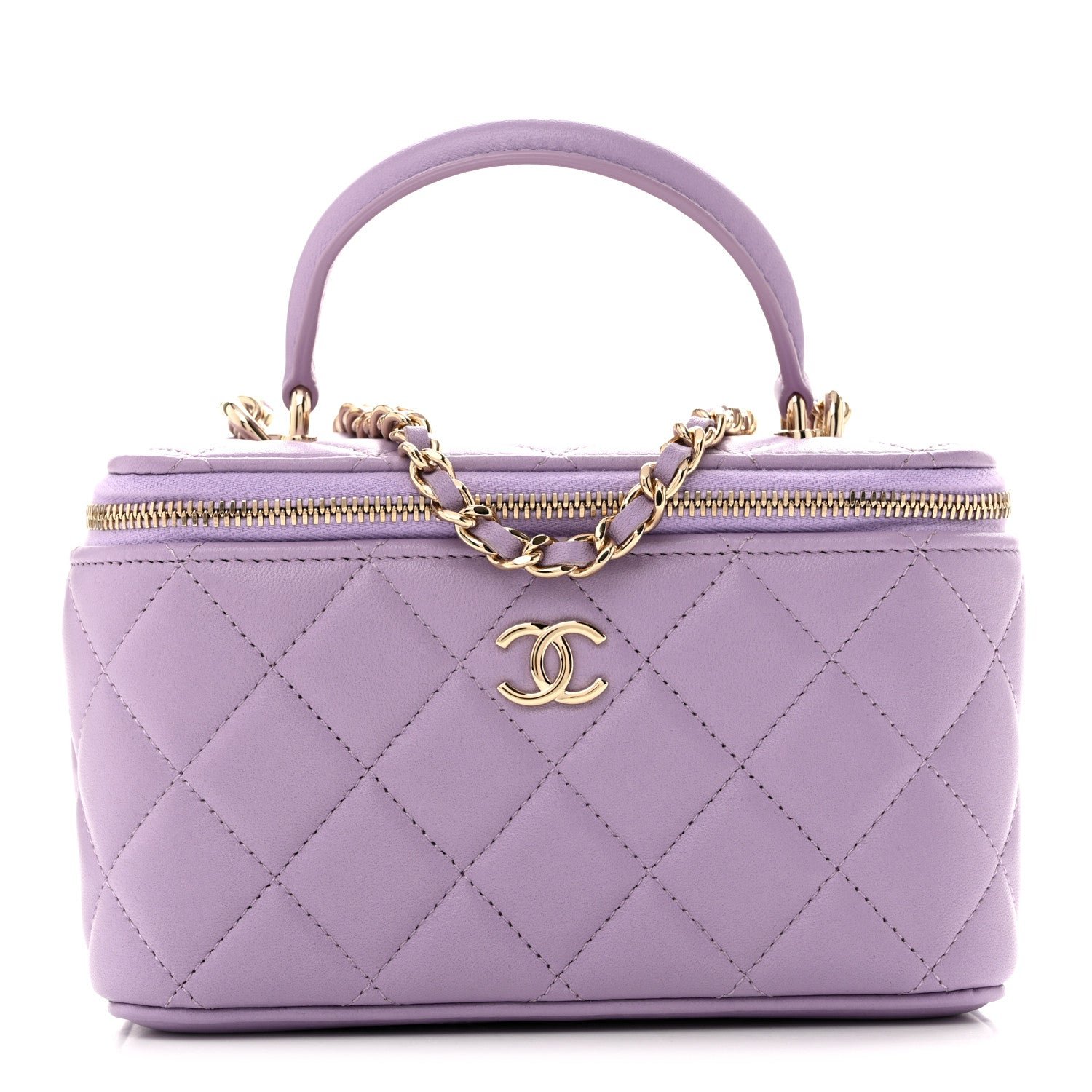 Chanel Lambskin Quilted Small Top Handle Vanity Case With Chain Light Purple