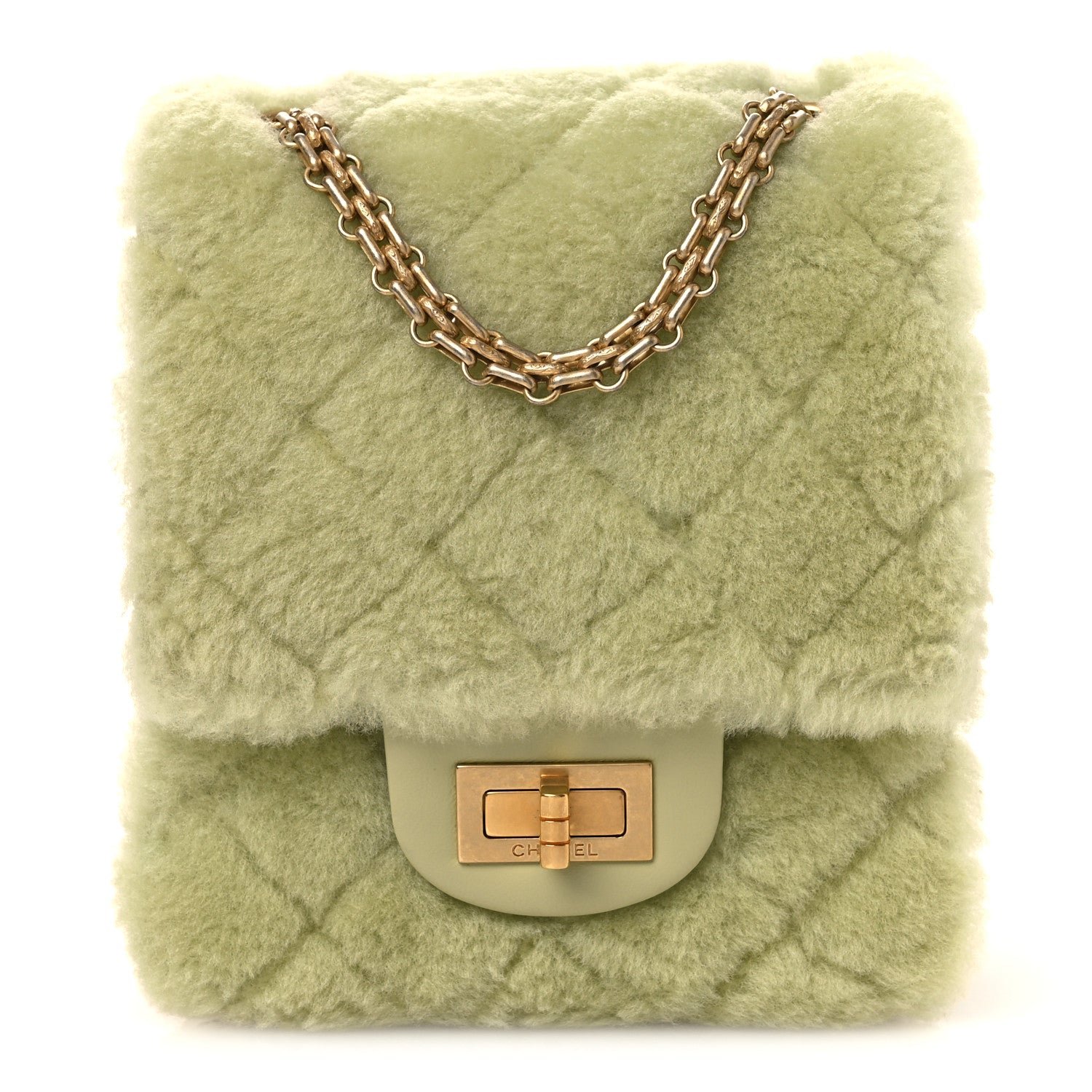 Chanel Shearling Aged Calfskin Quilted 2.55 Reissue Mini North South Flap Green