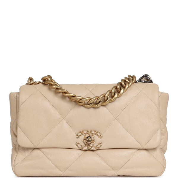 Pre-owned Chanel Large 19 Flap Bag Beige Shiny Lambskin Mixed Metal Hardware