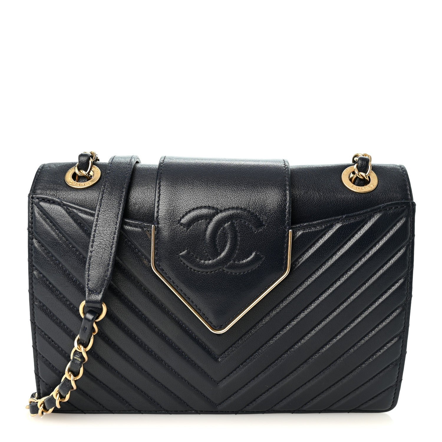 Chanel Shiny Sheepskin Chevron Quilted  Collar and Tie Camera Case Navy