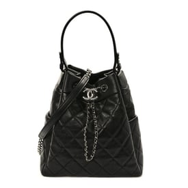 Chanel Caviar Flat Quilted CC Chain Bucket Drawstring Bag Black