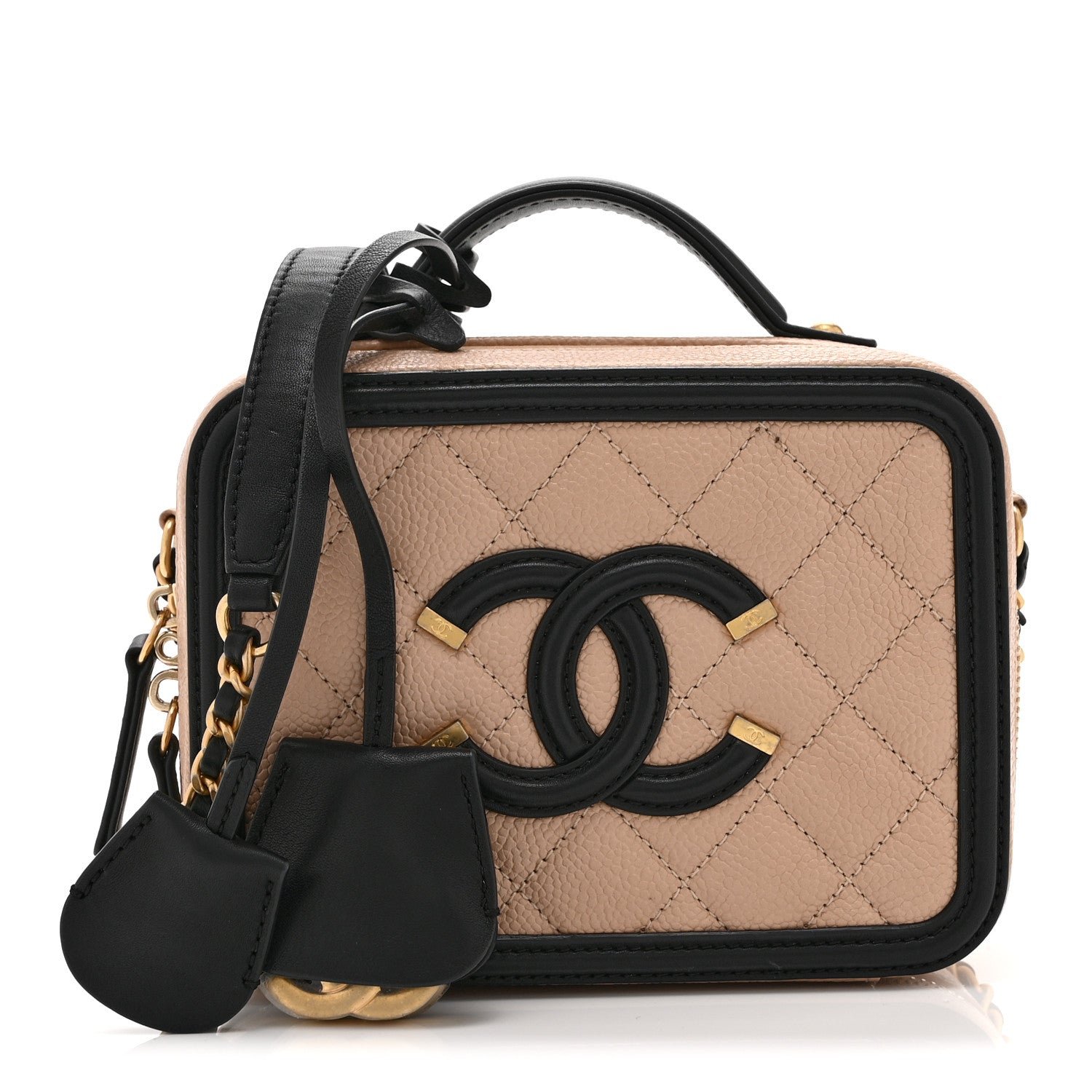 Chanel Caviar Quilted Small CC Filigree Vanity Case Beige Black
