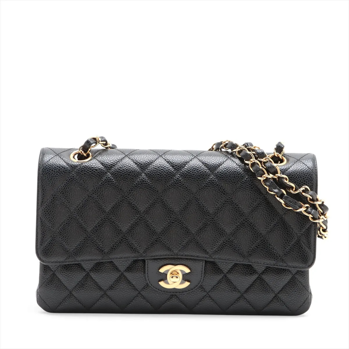Chanel Matelasse 25 Caviar Skin Double Flap Double Chain Bag Black Gold Metal Fi
