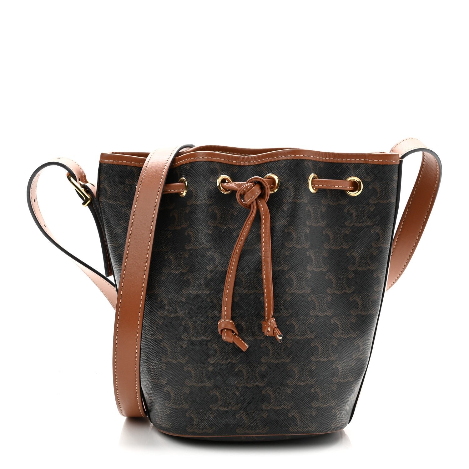 Celine Triomphe Canvas Calfskin Small Drawstring Bucket Bag Tan