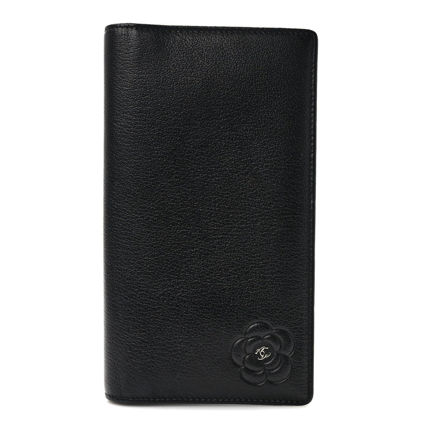 Chanel Goatskin Camellia Embossed Yen Wallet Black