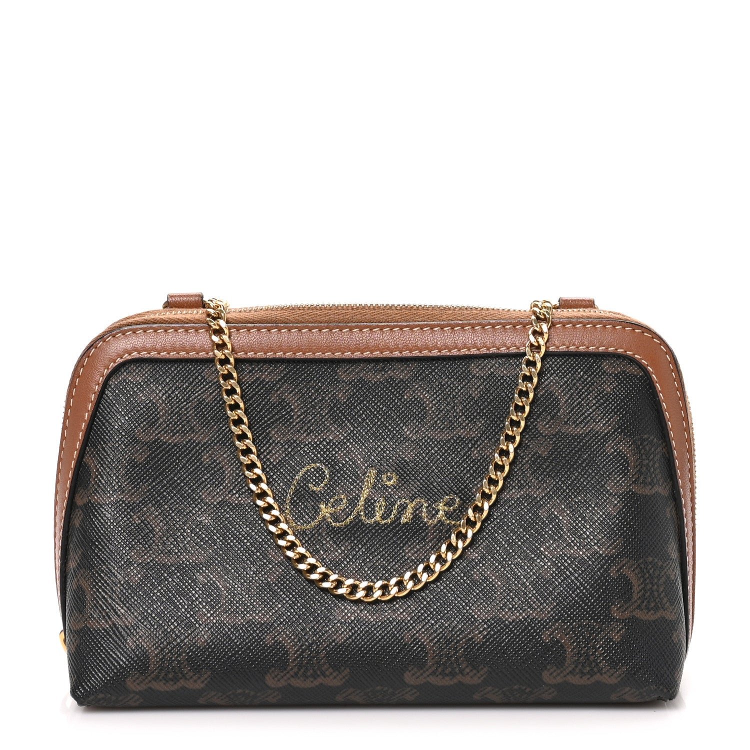 Celine Lambskin Triomphe Canvas Embroidered Logo Clutch With Chain Tan