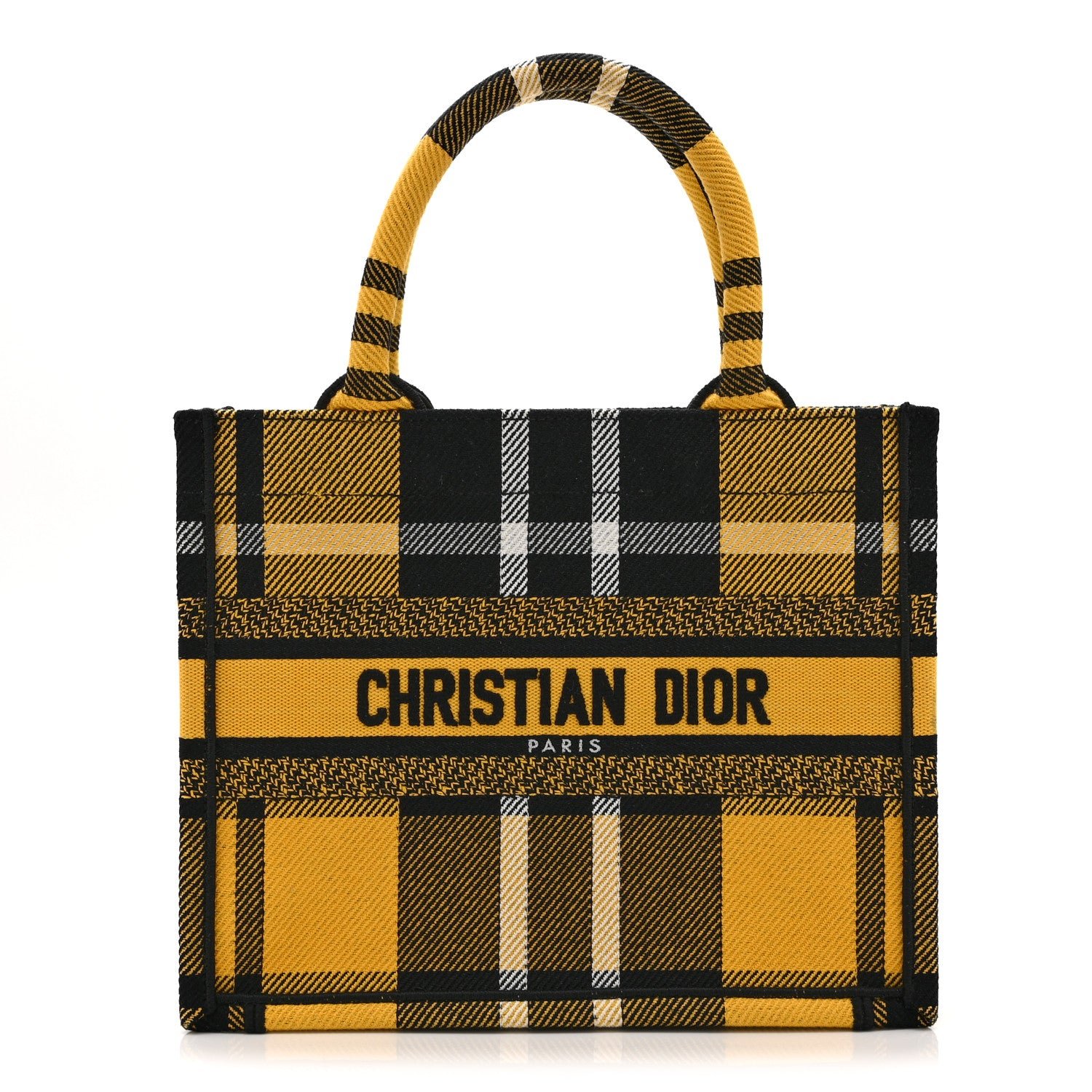 Christian Dior Canvas Embroidered Small Tartan Check Book Tote Yellow Multicolor