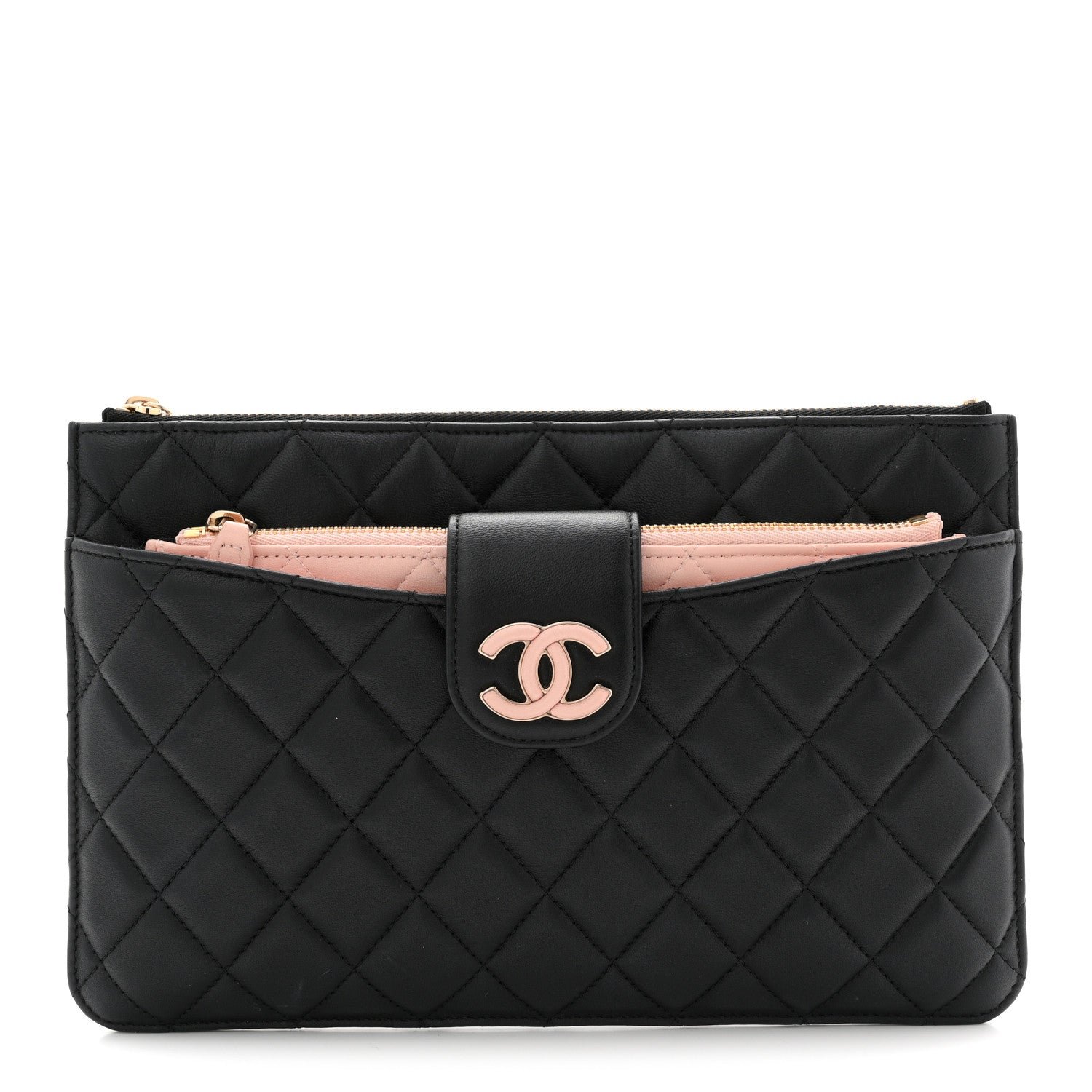 Chanel Lambskin Quilted Sunset Boulevard Pouch Case Black Pink