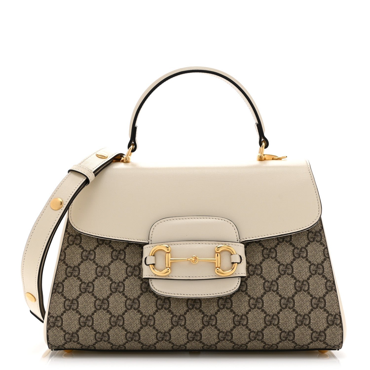 Gucci GG Supreme Monogram Calfskin Medium Horsebit 1955 Top Handle Bag Beige Ebony Mystic White