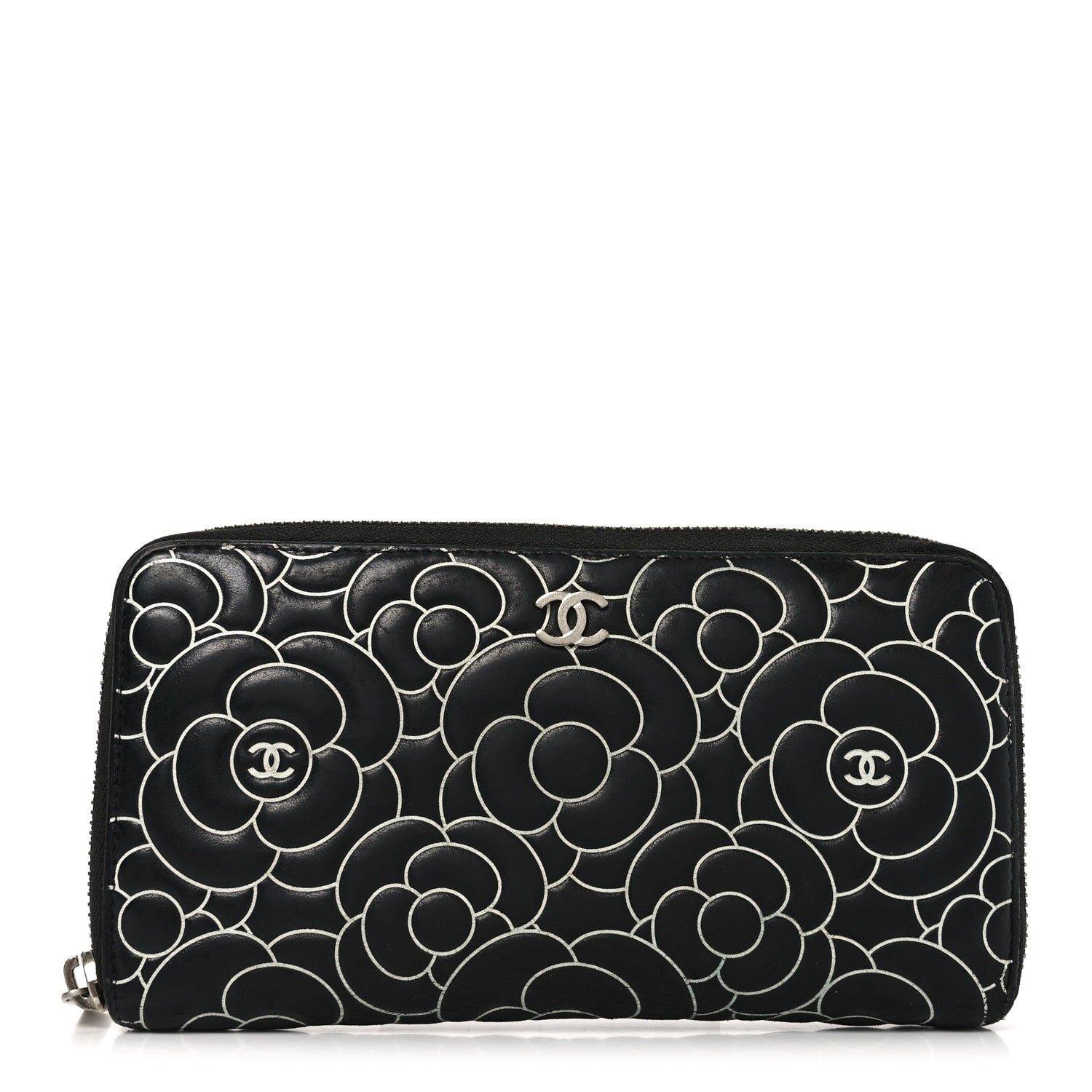 Chanel Lambskin Camellia Embossed Large Zip Around Gusset Wallet Black White