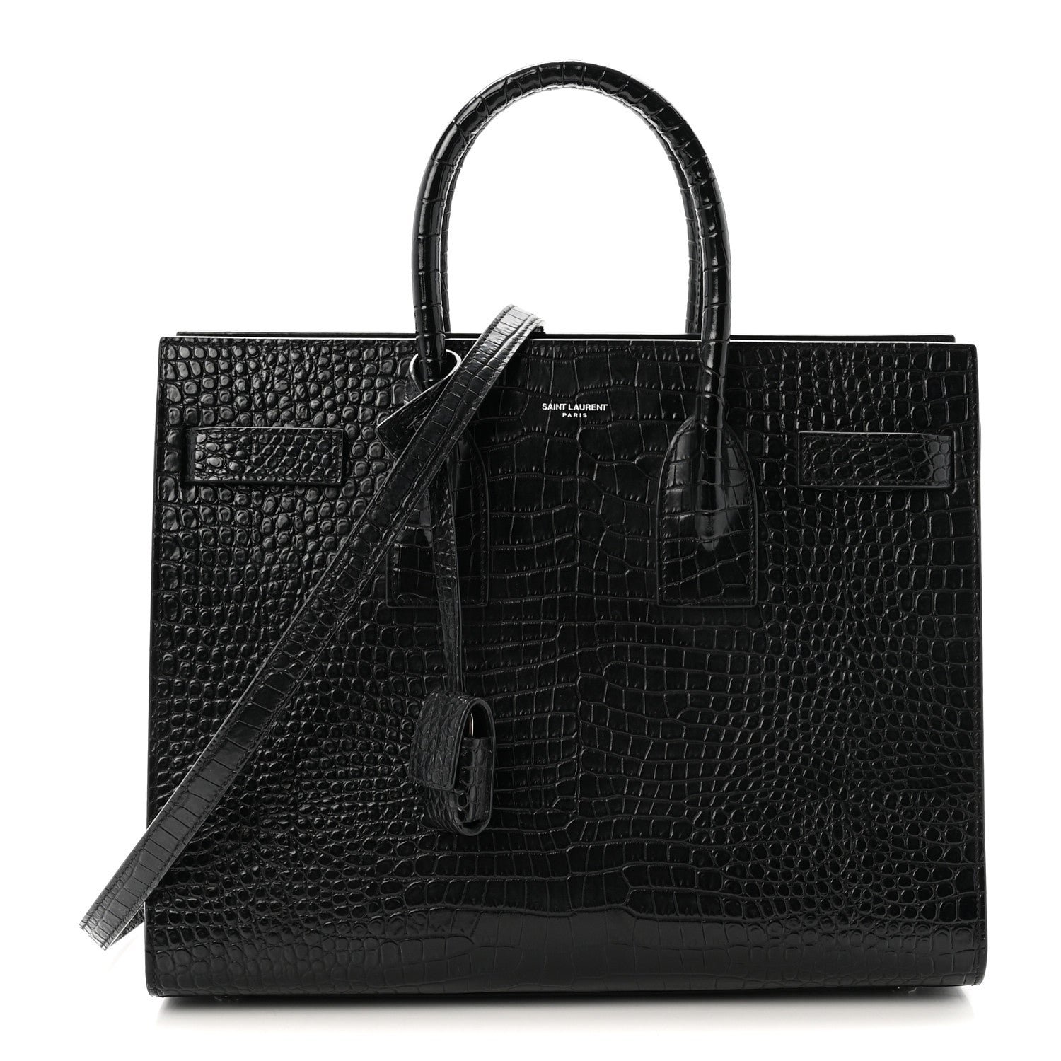 Saint Laurent Calfskin Crocodile Embossed Small Sac de Jour Black