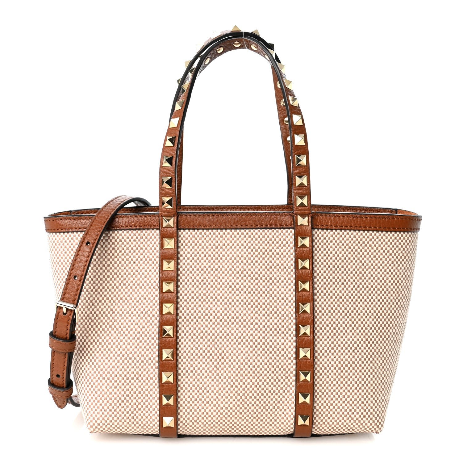 Valentino Garavani Canvas Grained Calfskin Small Rockstud Shopping Tote Naturale Tobacco