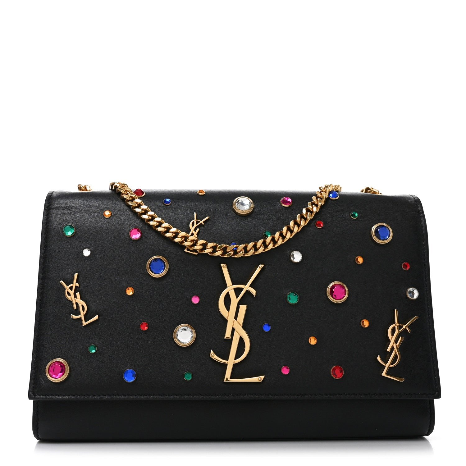 Saint Laurent Calfskin Crystal Medium Monogram Kate Satchel Black