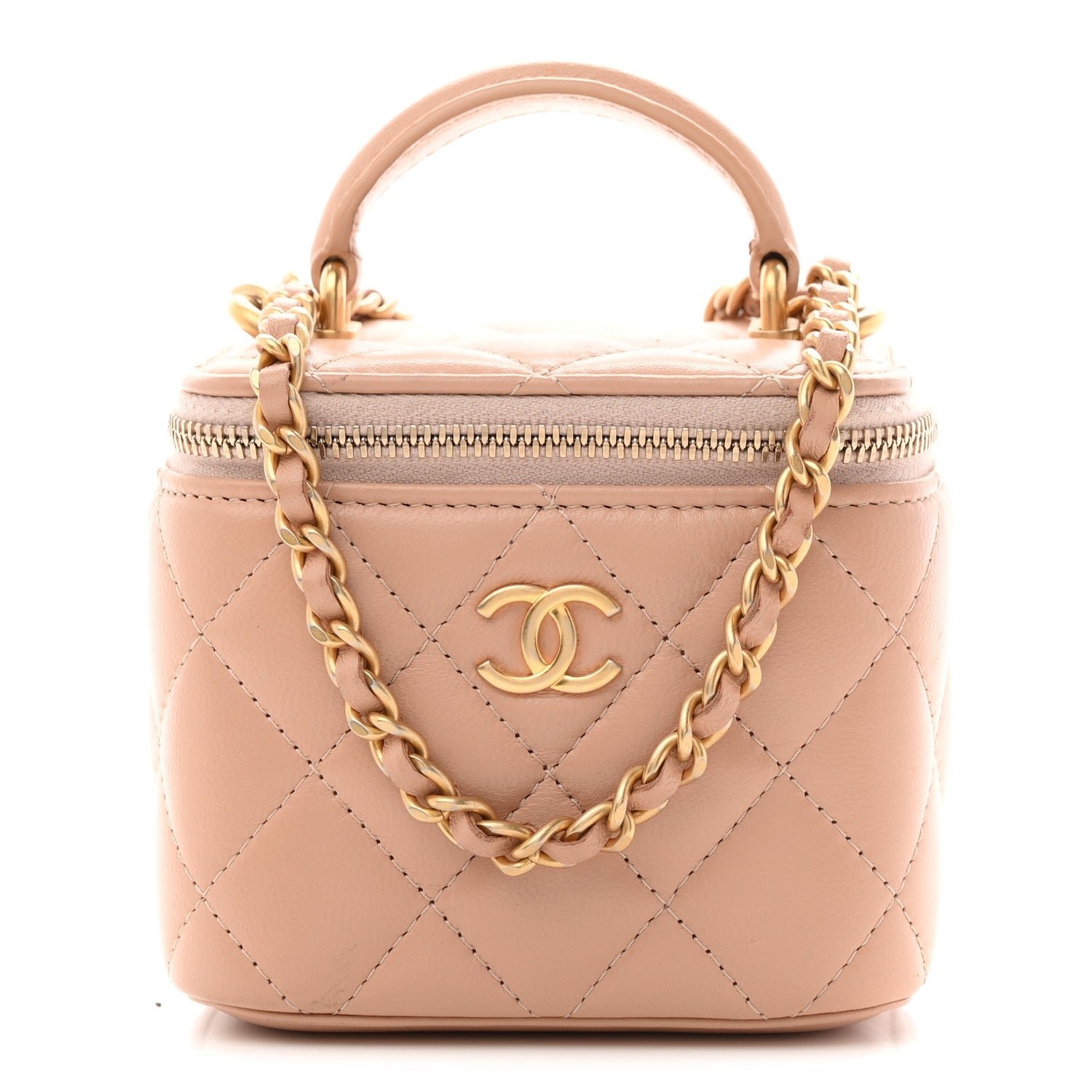 Chanel Lambskin Quilted Top Handle Mini Vanity Case With Chain Beige