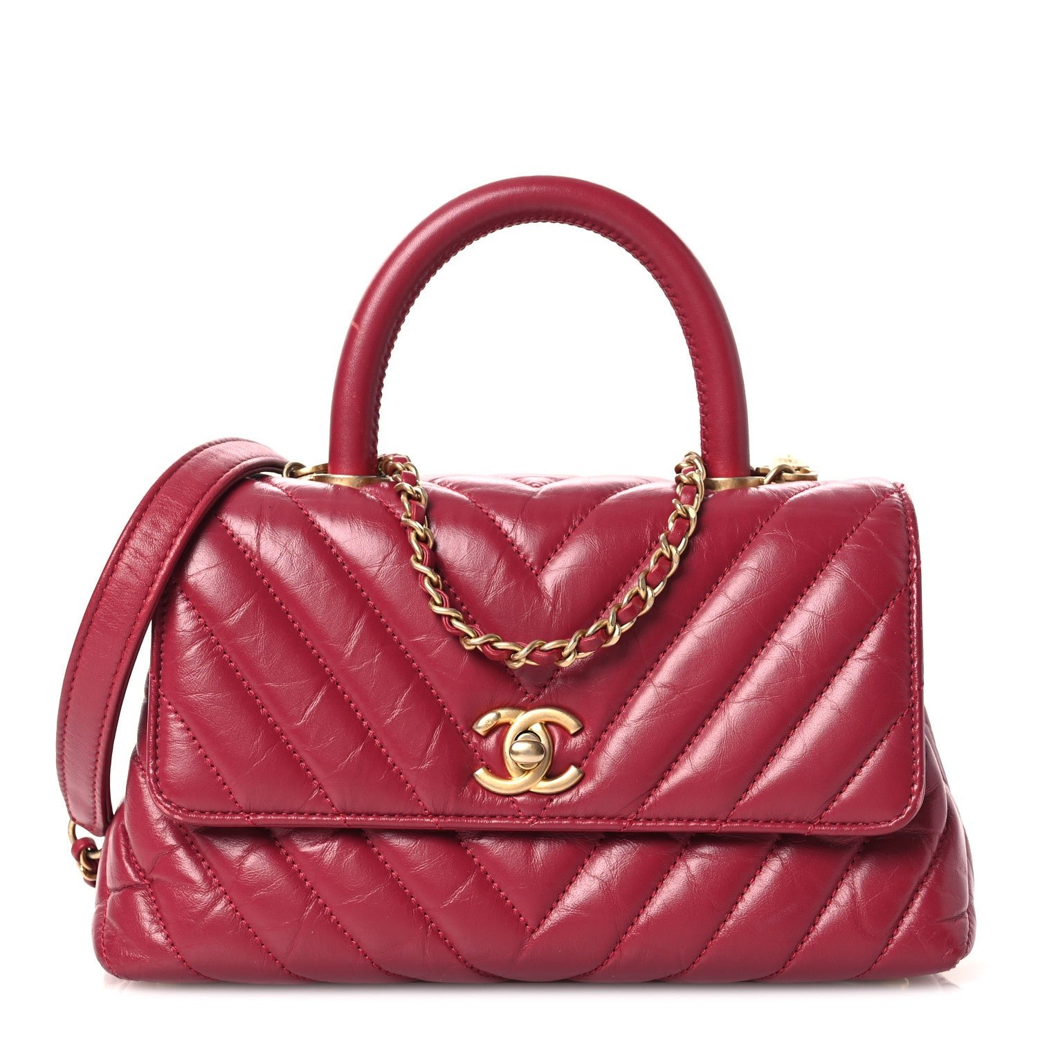 Chanel Aged Calfskin Chevron Quilted Mini Coco Handle Flap Dark Pink