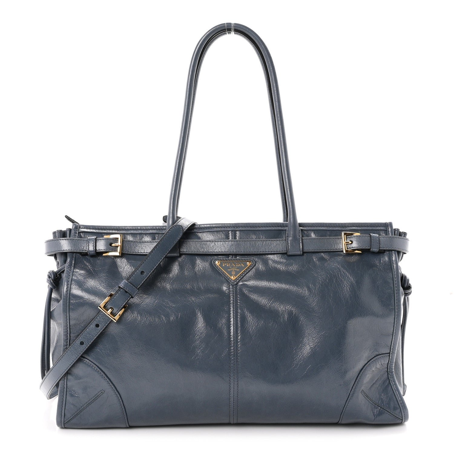 Prada Glossy Calfskin Triangle Large Bonnie Shoulder Bag Air Force Blue