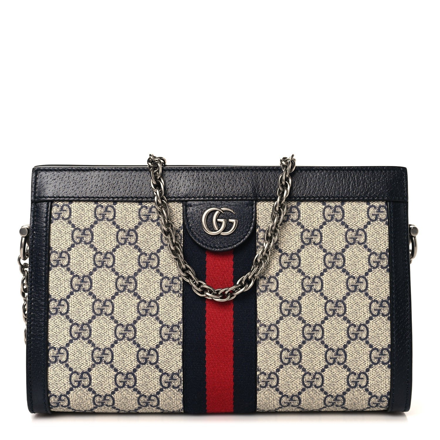 Gucci GG Supreme Monogram Textured Dollar Calfskin Web Small Ophidia Chain Shoulder Bag Beige Blue