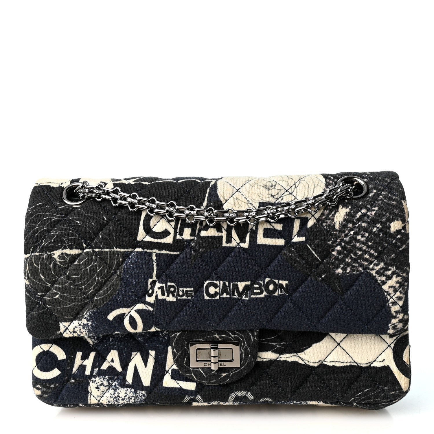 Chanel Jersey Quilted Camellia 2.55 Reissue 225 Flap Navy Blue