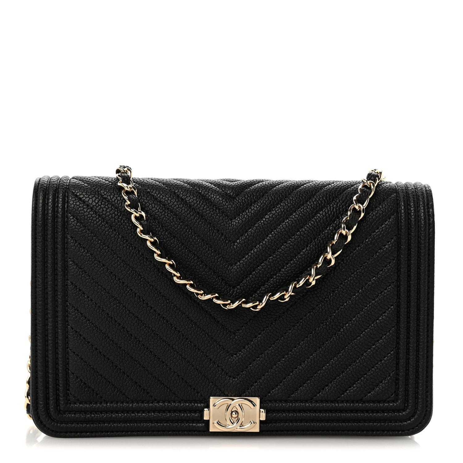 Caviar Chevron Quilted Boy Wallet On Chain WOC Black