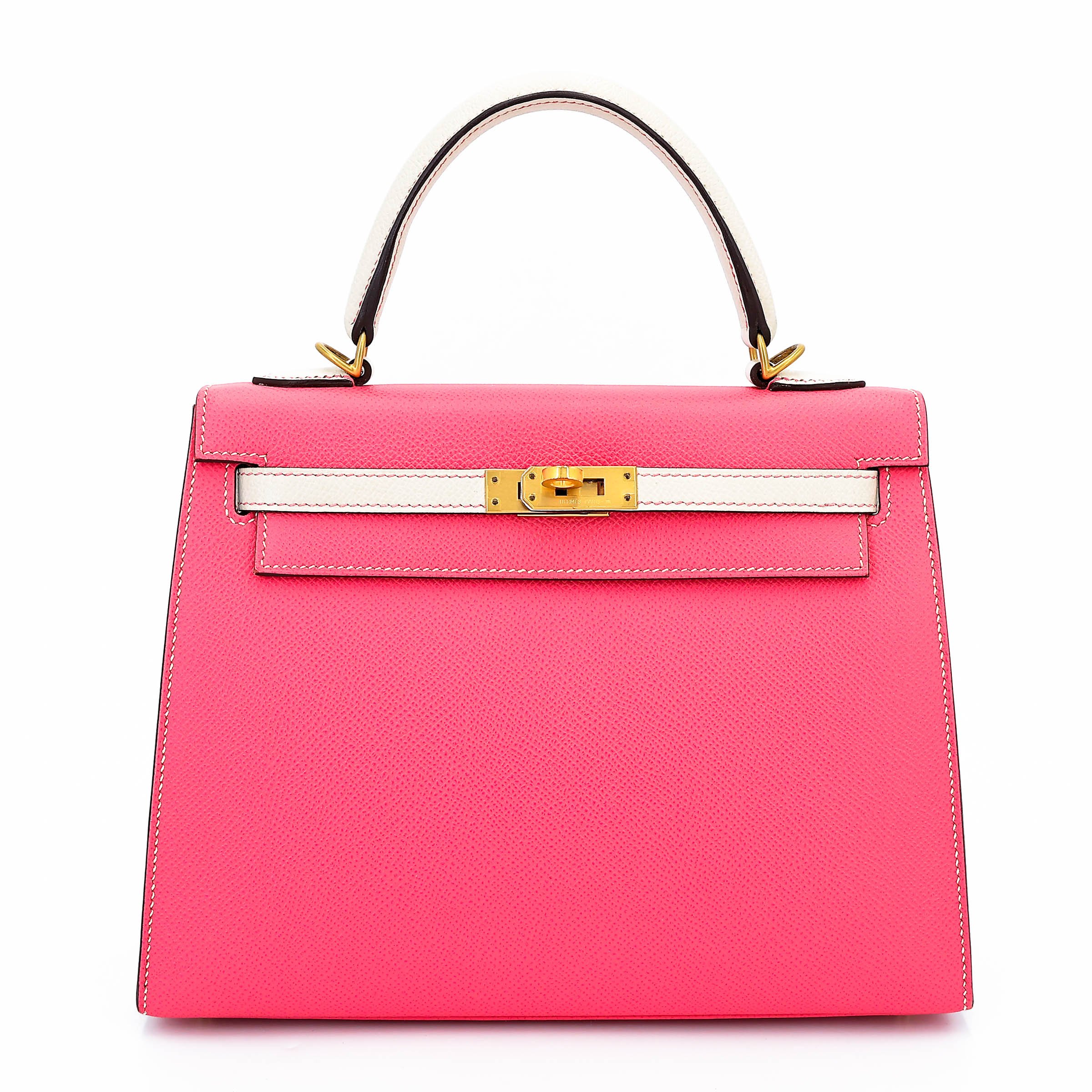 Very Good ( Rank A) HERMÈS Special Order Kelly 25 HSS sellier Rose Azalee (8W) Nata (I2) Epsom Brushed Gold hardware C (2018)