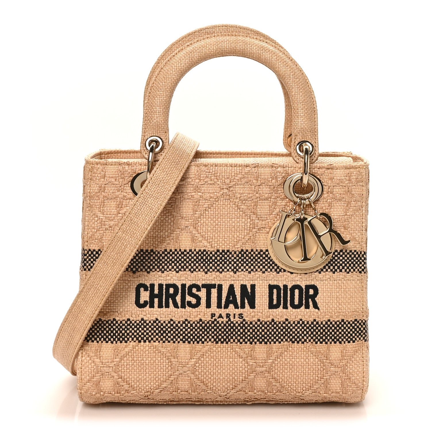 Christian Dior Raffia Woven Cannage Embroidered Medium Lady D-Lite Natural Black