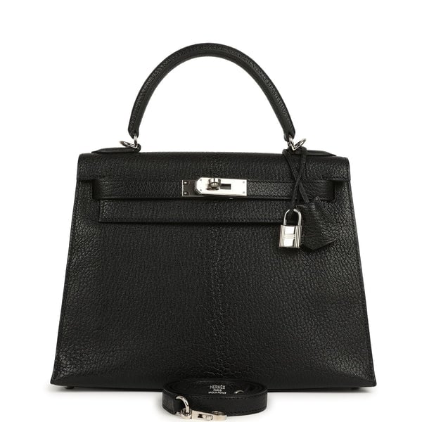 Vintage Hermes Kelly Sellier 28 Black Chevre De Coromandel Palladium Hardware