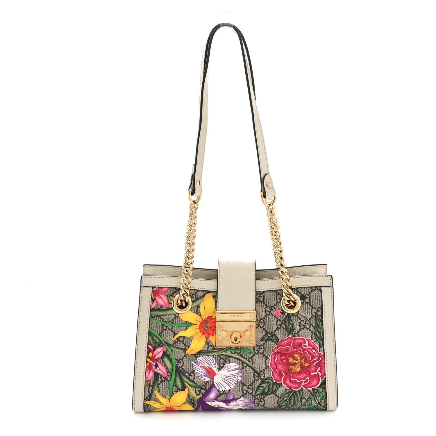 Gucci GG Supreme Monogram Flora Textured Calfskin Small Padlock Tote Beige Ebony Multicolor Mystic White