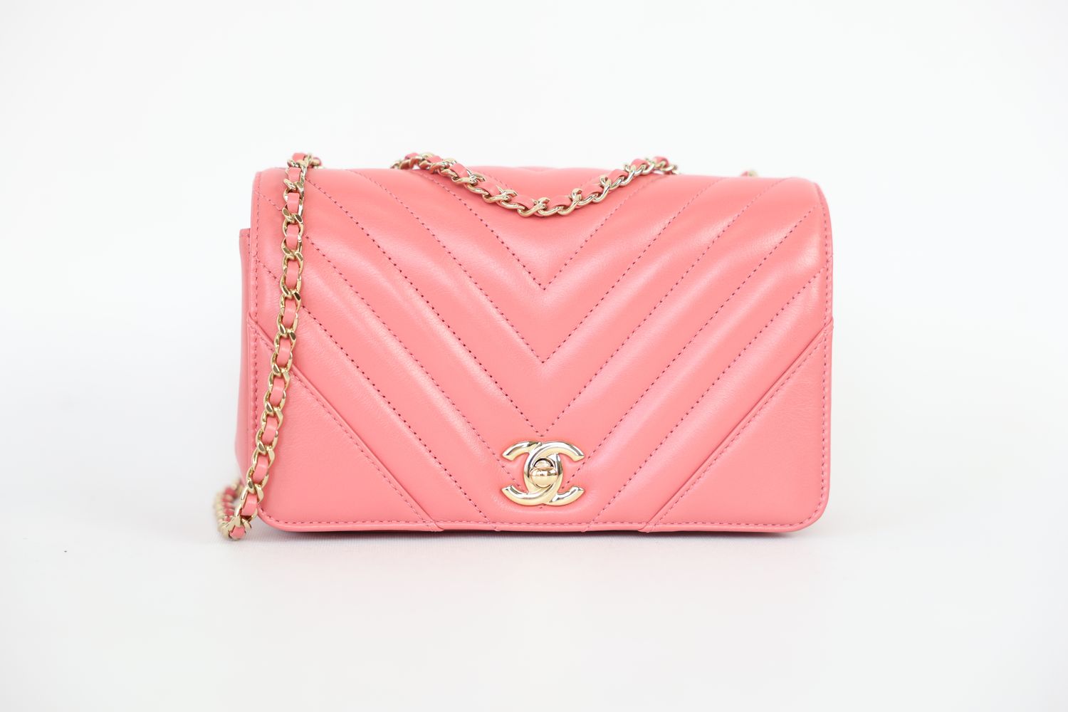 Chanel Statement Flap Mini Bag, Pink Chevron Quilt Leather and Gold Hardware, Preowned in Box WA001